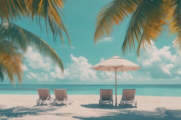 Wall Mural - Relaxing day at the beach with lounge chairs and a sun umbrella overlooking the calm turquoise ocean