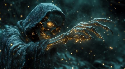 Wall Mural - Grim reaper extending skeletal hand illuminated by a chilling glow creating dramatic ambiance