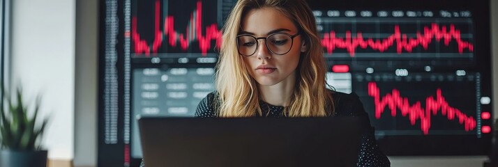 Serious Businesswoman Working with Stock Market Charts and Graphs on Multiple Screens