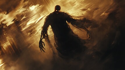 Shadowy figure with glowing skeletal features flowing dark robes illuminated in eerie light creating haunting ambiance