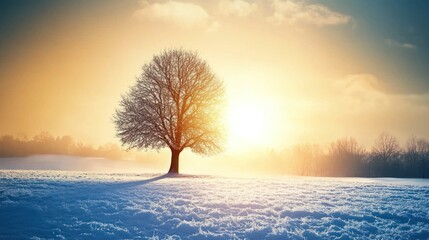 Wall Mural - Solitary Tree in Winter Wonderland at Sunset