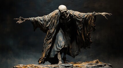 Wall Mural - Grim reaper figure with tattered dark robes skeletal face reaching forward dramatic shadows eerie lighting dark background