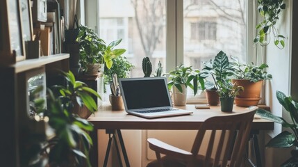 Wall Mural - Laptop, plants, home office, window view, work