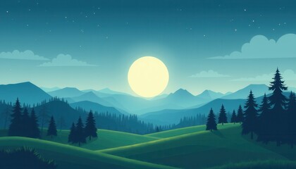 Wall Mural - serene nighttime landscape featuring rolling hills and trees
