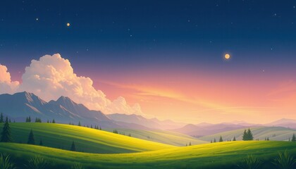Wall Mural - serene sunset over rolling hills and fields