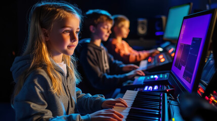 Children learning music production in studio environment for education and creativity