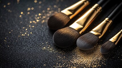 Elegant gold makeup brushes on black textured paper, with glittering accents and ample space for creative text or promotional ideas.