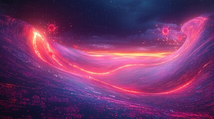 Wall Mural - Vibrant Glowing Wave of Pink and Purple Particles in a Starry Night Sky: Abstract Digital Art