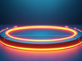 Wall Mural - A glowing, circular platform with a vibrant orange ring, set against a blue background, suggesting a futuristic or sci-fi theme.