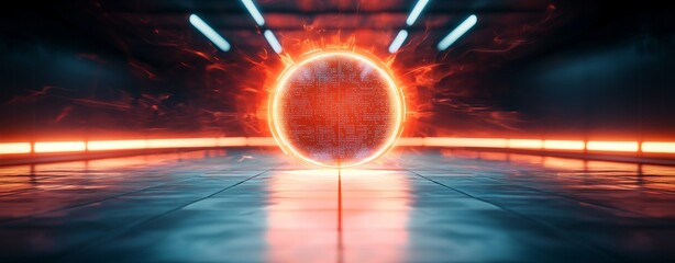 Wall Mural - A futuristic scene featuring a glowing circular portal surrounded by neon lights, set in a sleek, reflective environment.
