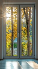 Fototapete - Warm sunlight spills into a room through a stylish double-glazed aluminum window, highlighting golden autumn leaves outside. The atmosphere is tranquil and inviting