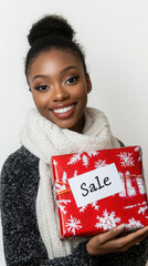 Smiling woman holding wrapped gift box with sale sticker for holiday shopping promotion