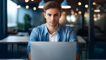 Male programmer working on new project.He working late at night at the office.