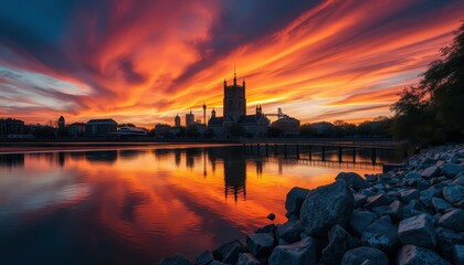 Wall Mural - fiery sunset over cityscape reflecting in calm water