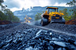 © Aleksej - Bulldozer at coal mine with piles of black coal and heavy machinery, industrial mining landscape.