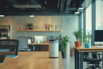 Wall Mural - Smart speaker sits on modern office desk