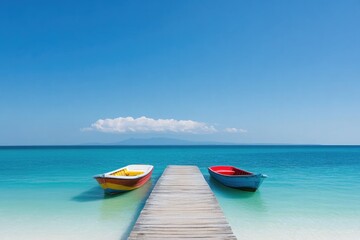 commercial photography for advertising campaign showcasing wooden pier extending into ocean with vibrant boats docked