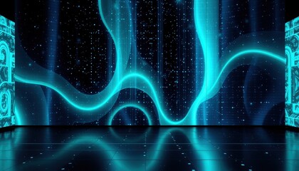 Wall Mural - abstract teal background with glowing curves and floor