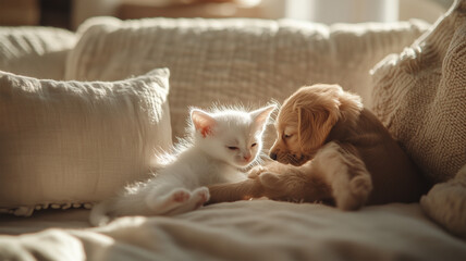 Poster - ソファの上でじゃれ合う子猫と子犬の楽しいひととき