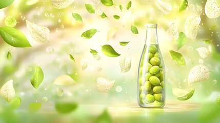 Green olives in glass bottle,  garden background, healthy food product