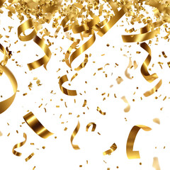 Wall Mural - realistic falling gold confetti and streamers seamless pattern on transparent background