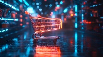 Wall Mural - Futuristic neon shopping cart glowing against a dark background, representing the concept of online shopping and modern retail in a vibrant, high-tech style.