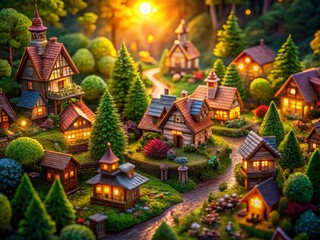 Wall Mural - Enchanted Forest Miniature Village: Handcrafted Fantasy Model Display with Warm Lighting