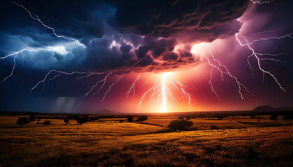 Wall Mural - Lightning from storm clouds in the field at night, part 8