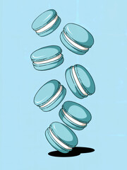 Wall Mural - A vibrant scene of pale blue macarons, a popular French dessert, suspended in mid-air against a pale blue background