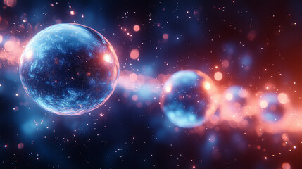Wall Mural - cosmic spheres in glowing blue and orange light, surrounded by misty space and stardust.