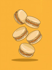 Wall Mural - yellow macarons: A vibrant scene of pale yellow macarons, a popular French dessert, appearing as if they are floating in a weightless, sunlit environment against a bright yellow background