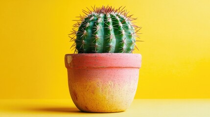 Wall Mural - Cactus in a ceramic pot on a vibrant yellow background with space for text