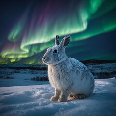 A snow hare blending into its icy surroundings under the northern lights.