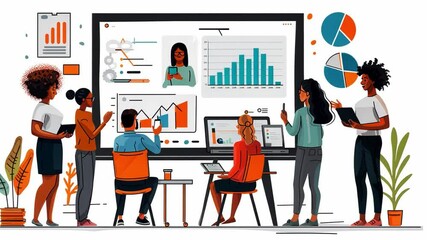 Leinwandbilder - This Team members discuss analytics and insights while reviewing data visualizations on a large screen.