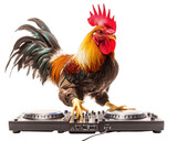 rooster DJing at farm rave, showcasing vibrant colors and lively energy. This unique scene captures fun and excitement of party atmosphere