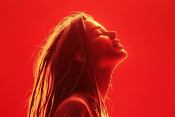 Poster - Woman with Long Hair Tilted Back in Red Light