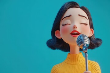 Sticker - Cartoon Girl Sings Into Vintage Microphone