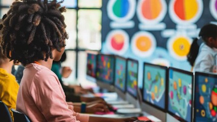 Poster - This Young learners focus on coding projects while using computers in a vibrant classroom.