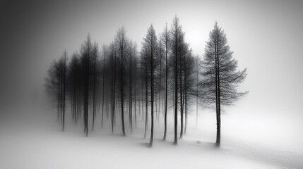 Wall Mural - Monochromatic landscape photo of slender trees in fog, snow, winter.