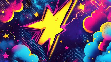Wall Mural - Vibrant comic book pop art featuring dynamic lightning and explosions in neon colors with a playful starry background