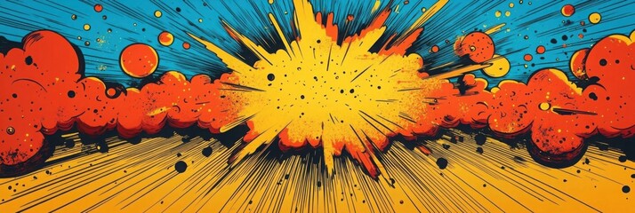 Wall Mural - Vivid comic book pop art pattern featuring dynamic explosions, bright lightning, and energetic beams showcasing a vibrant color palette in a playful design