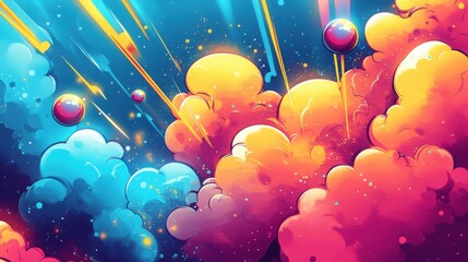 Wall Mural - Vibrant comic book style clouds pattern with colorful bursts and dynamic pop art elements creating an energetic background suitable for various creative projects
