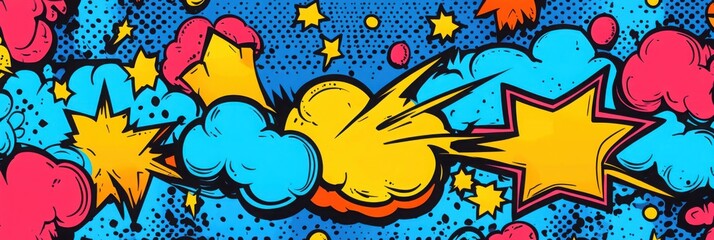 Wall Mural - Dynamic comic book pop art pattern featuring vibrant lightning, explosive bursts, and colorful bubbles set against a bold blue background