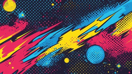 Wall Mural - Lightning flash on abstract colorful background. Comic style, pop art, halftone