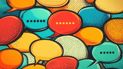 Wall Mural - A vibrant collection of colorful speech bubbles in a comic book pop art style, showcasing various sizes and shapes on a contrasting background, perfect for creative design projects