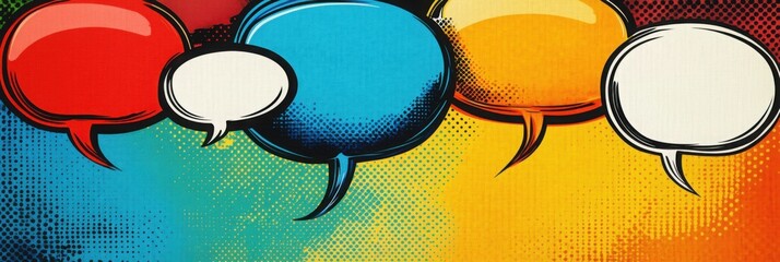 Wall Mural - A vibrant collection of colorful speech bubbles in a comic book pop art style, showcasing various sizes and shapes on a contrasting background, perfect for creative design projects