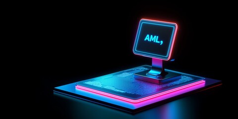 Wall Mural - anti-money laundering aml concept. futuristic glowing computer setup with vibrant neon accents.