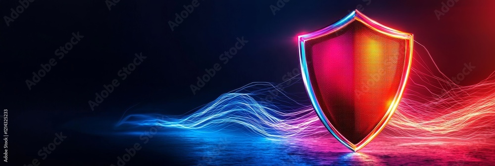 Anti-Money Laundering AML concept. Digital shield with vibrant neon ...