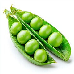a photostock of delicate pea pods with fresh green peas spilling out, displayed against a clean whit