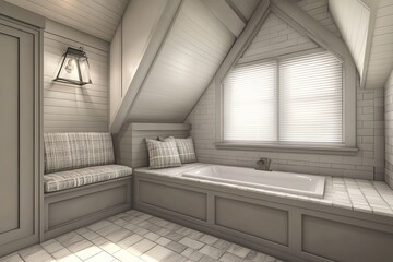 Attic gray bathroom interior with tub and bench